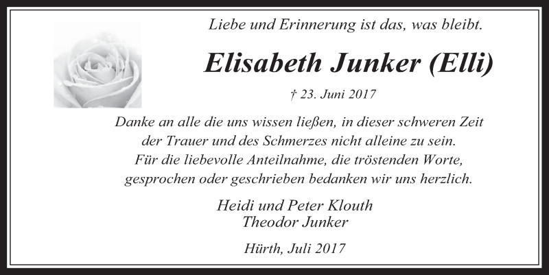  Traueranzeige für Elisabeth Junker vom 12.07.2017 aus  Wochenende 