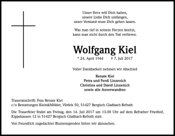Anzeige von Wolfgang Kiel von Kölner Stadt-Anzeiger / Kölnische Rundschau / Express