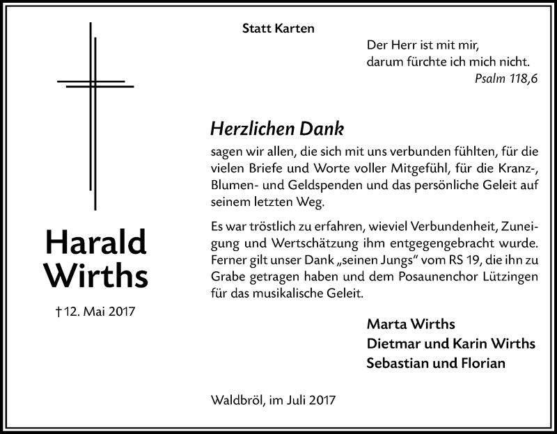  Traueranzeige für Harald Wirths vom 22.07.2017 aus Kölner Stadt-Anzeiger / Kölnische Rundschau / Express