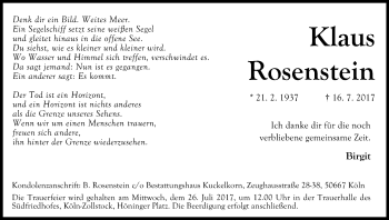 Anzeige von Klaus Rosenstein von Kölner Stadt-Anzeiger / Kölnische Rundschau / Express
