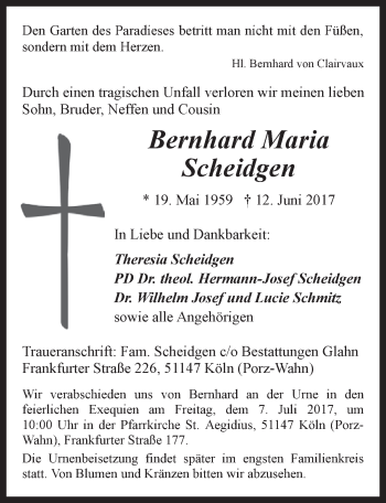 Anzeige von Bernhard Maria Scheidgen von  Kölner Wochenspiegel 