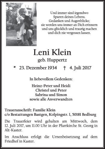 Anzeige von Leni Klein von  Sonntags-Post 