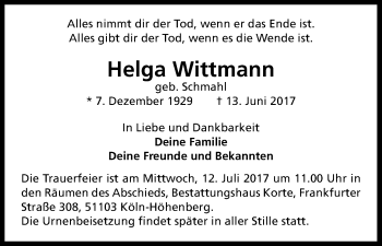 Anzeige von Helga Wittmann von Kölner Stadt-Anzeiger / Kölnische Rundschau / Express