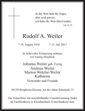 Anzeige von Rudolf A. Weiler von  Werbepost 