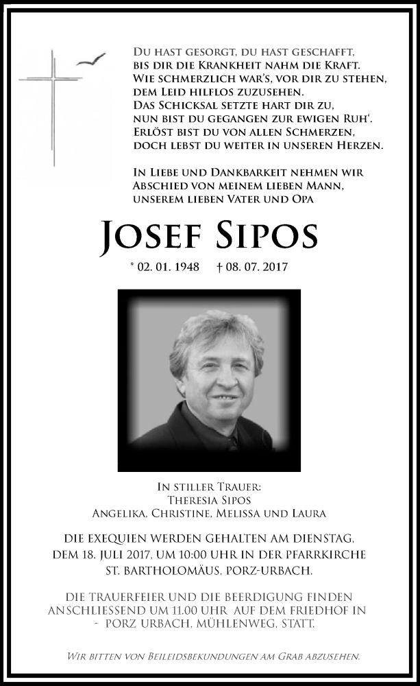  Traueranzeige für Josef Sipos vom 12.07.2017 aus  Kölner Wochenspiegel 