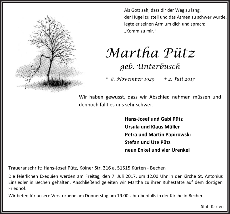  Traueranzeige für Martha Pütz vom 05.07.2017 aus  Bergisches Handelsblatt 