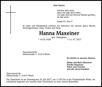 Anzeige von Hanna Maxeiner von Kölner Stadt-Anzeiger / Kölnische Rundschau / Express