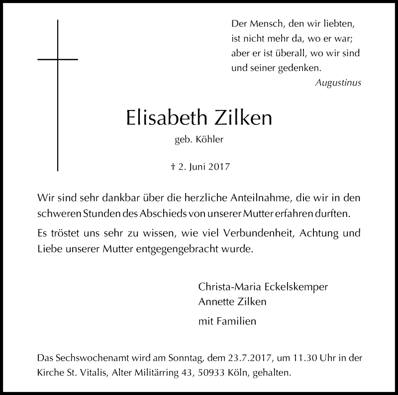  Traueranzeige für Elisabeth Zilken vom 19.07.2017 aus Kölner Stadt-Anzeiger / Kölnische Rundschau / Express