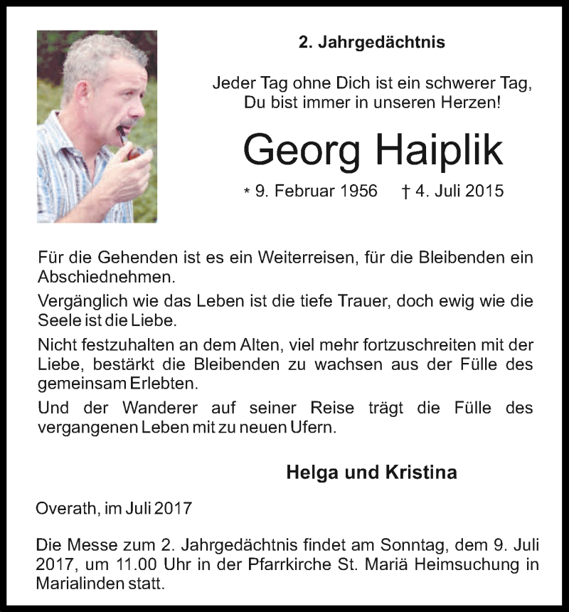  Traueranzeige für Georg Haiplik vom 04.07.2017 aus Kölner Stadt-Anzeiger / Kölnische Rundschau / Express