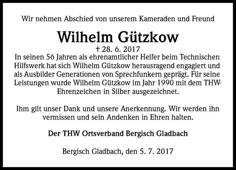  Traueranzeige für Wilhelm Gützkow vom 07.07.2017 aus Kölner Stadt-Anzeiger / Kölnische Rundschau / Express