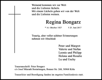 Anzeige von Regina Bongarz von Kölner Stadt-Anzeiger / Kölnische Rundschau / Express