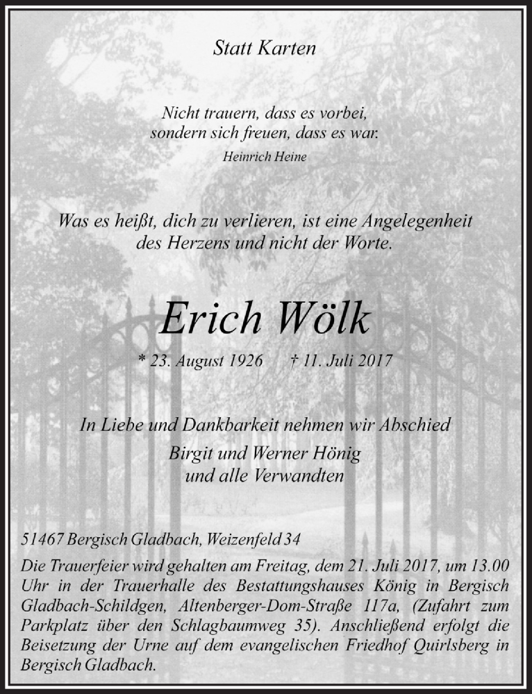  Traueranzeige für Erich Wölk vom 19.07.2017 aus  Bergisches Handelsblatt 