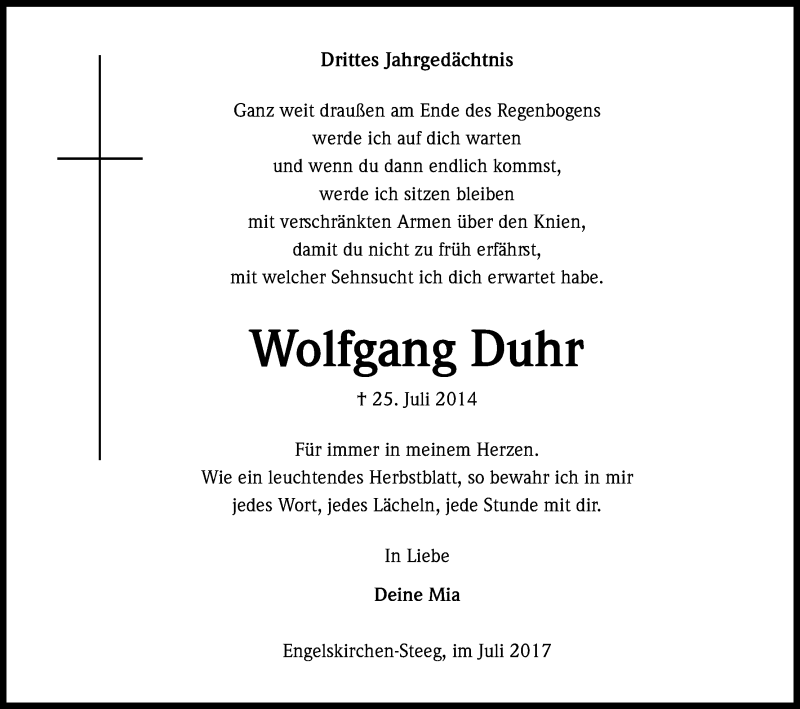  Traueranzeige für Wolfgang Duhr vom 25.07.2017 aus Kölner Stadt-Anzeiger / Kölnische Rundschau / Express