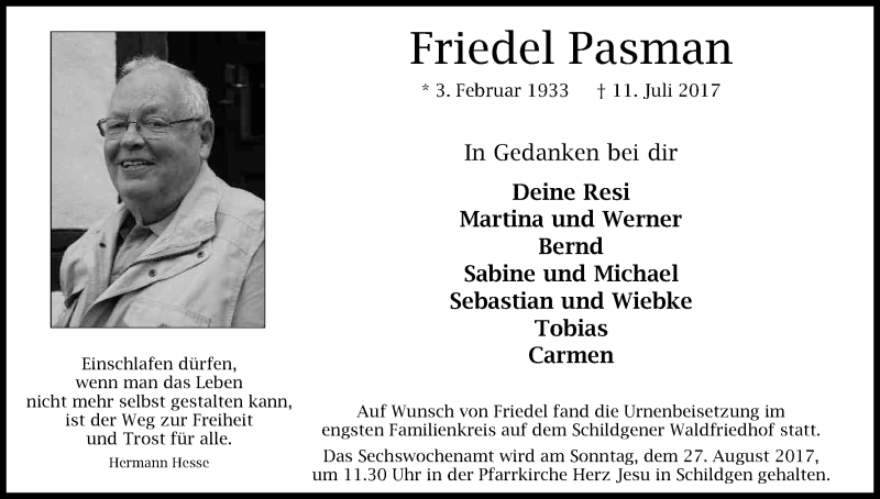  Traueranzeige für Friedel Pasman vom 22.07.2017 aus Kölner Stadt-Anzeiger / Kölnische Rundschau / Express