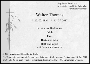 Anzeige von Walter Thomas von Kölner Stadt-Anzeiger / Kölnische Rundschau / Express