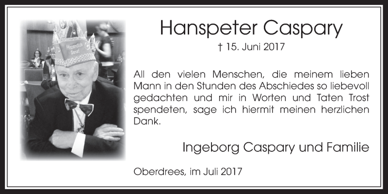  Traueranzeige für Hanspeter Caspary vom 26.07.2017 aus  Schaufenster/Blickpunkt 