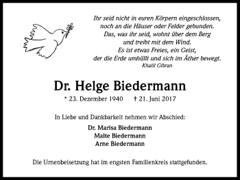 Anzeige von Helge Biedermann von Kölner Stadt-Anzeiger / Kölnische Rundschau / Express
