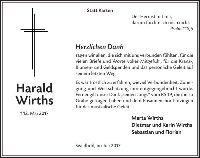  Traueranzeige für Harald Wirths vom 19.07.2017 aus  Lokalanzeiger 