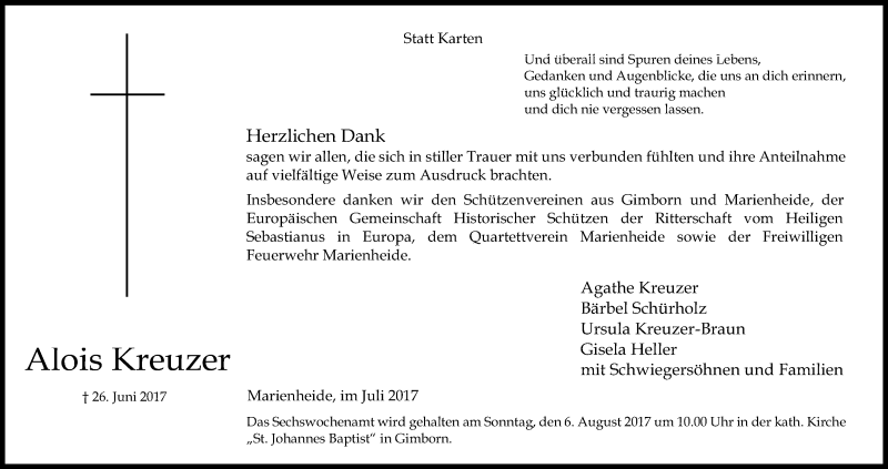  Traueranzeige für Alois Kreuzer vom 22.07.2017 aus Kölner Stadt-Anzeiger / Kölnische Rundschau / Express