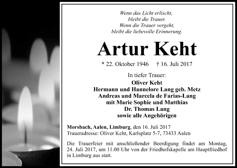  Traueranzeige für Artur Keht vom 20.07.2017 aus Kölner Stadt-Anzeiger / Kölnische Rundschau / Express