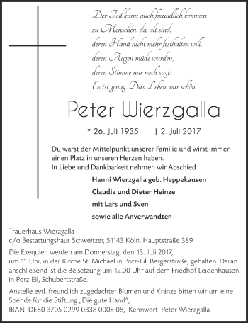 Anzeige von Peter Wierzgalla von  Kölner Wochenspiegel 