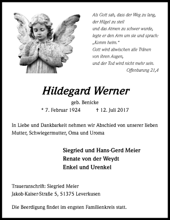Anzeige von Hildegard Werner von Kölner Stadt-Anzeiger / Kölnische Rundschau / Express