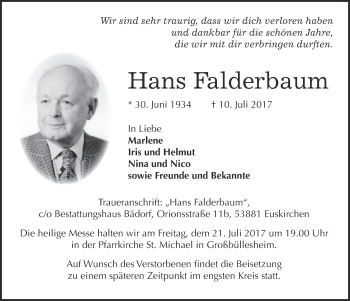 Anzeige von Hans Falderbaum von  Blickpunkt Euskirchen 