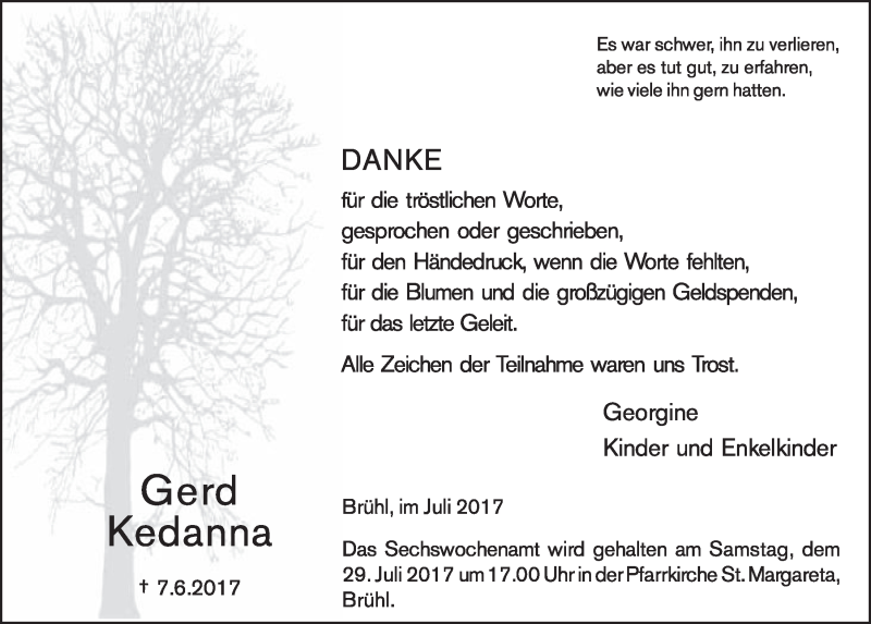  Traueranzeige für Gerd Kedanna vom 19.07.2017 aus  Schlossbote/Werbekurier 