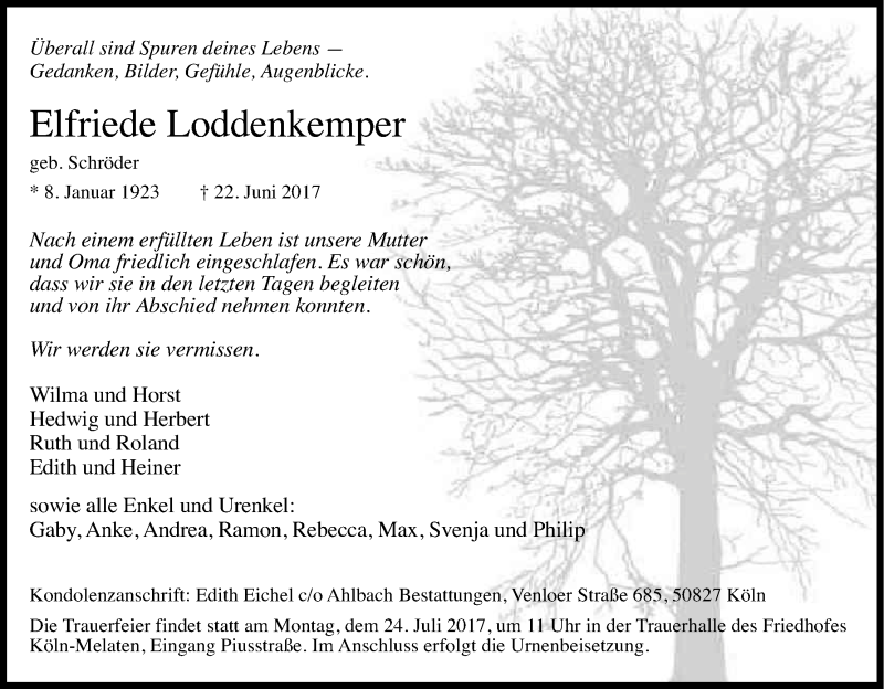  Traueranzeige für Elfriede Loddenkemper vom 08.07.2017 aus Kölner Stadt-Anzeiger / Kölnische Rundschau / Express