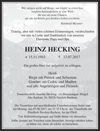 Anzeige von Heinz Hecking von  Wochenende 