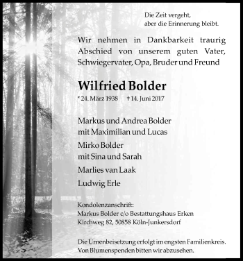 Anzeige von Wilfried Bolder von Kölner Stadt-Anzeiger / Kölnische Rundschau / Express