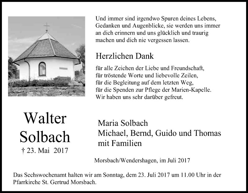  Traueranzeige für Walter Solbach vom 19.07.2017 aus Kölner Stadt-Anzeiger / Kölnische Rundschau / Express