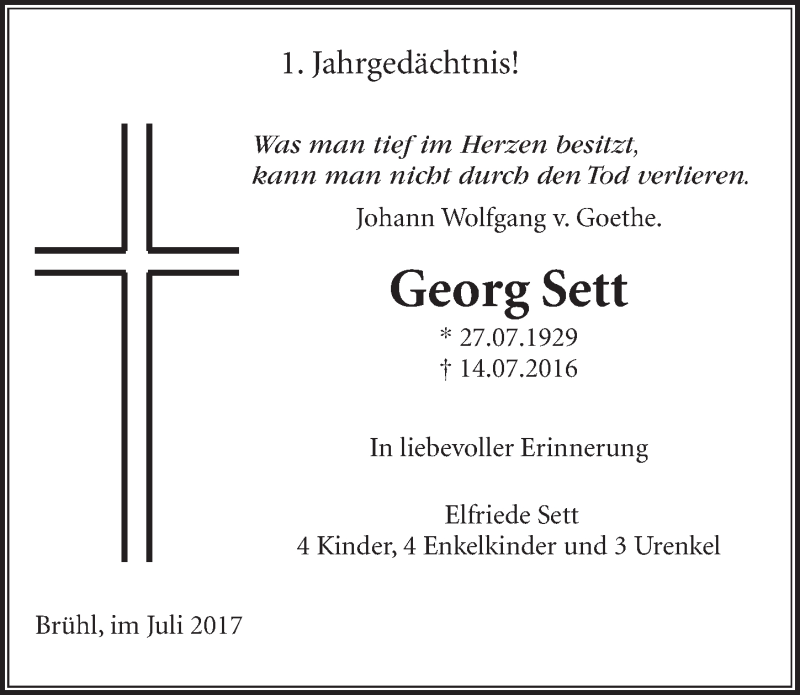  Traueranzeige für Georg Sett vom 12.07.2017 aus  Schlossbote/Werbekurier 