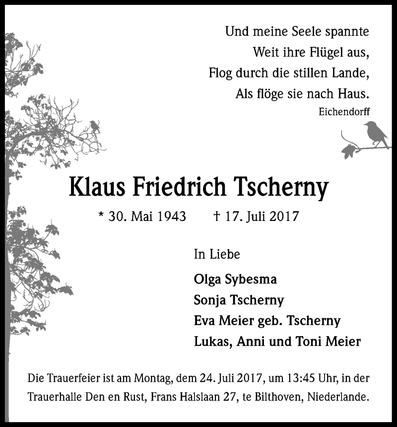  Traueranzeige für Klaus Friedrich Tscherny vom 21.07.2017 aus Kölner Stadt-Anzeiger / Kölnische Rundschau / Express
