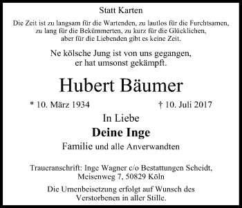 Anzeige von Hubert Bäumer von Kölner Stadt-Anzeiger / Kölnische Rundschau / Express