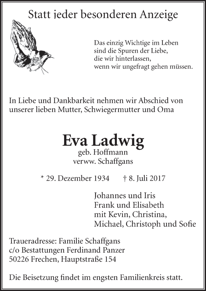  Traueranzeige für Eva Ladwig vom 15.07.2017 aus  Sonntags-Post 