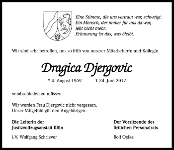 Anzeige von Dragica Djergovic von Kölner Stadt-Anzeiger / Kölnische Rundschau / Express