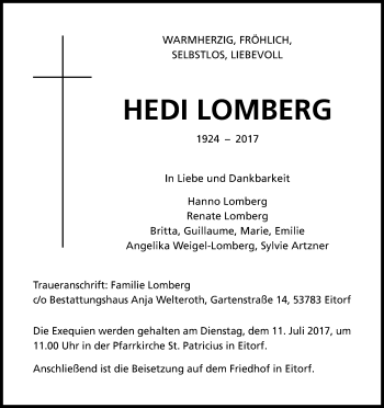 Anzeige von Hedi Lomberg von Kölner Stadt-Anzeiger / Kölnische Rundschau / Express