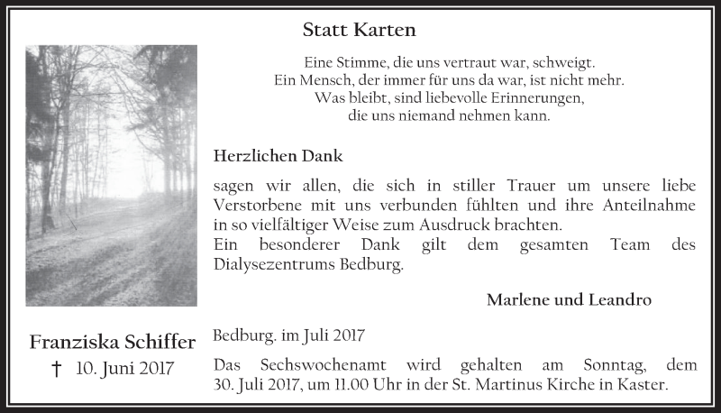  Traueranzeige für Franziska Schiffer vom 26.07.2017 aus  Werbepost 