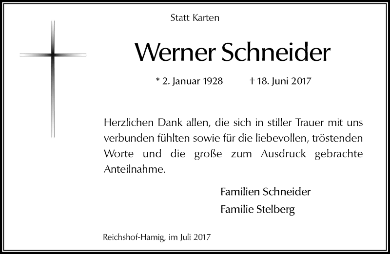  Traueranzeige für Werner Schneider vom 19.07.2017 aus Kölner Stadt-Anzeiger / Kölnische Rundschau / Express