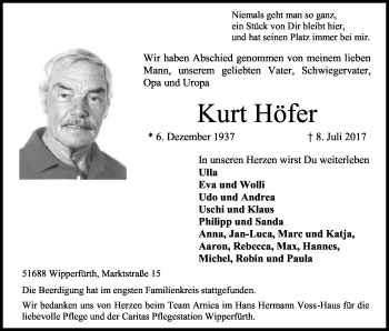 Anzeige von Kurt Höfer von Kölner Stadt-Anzeiger / Kölnische Rundschau / Express