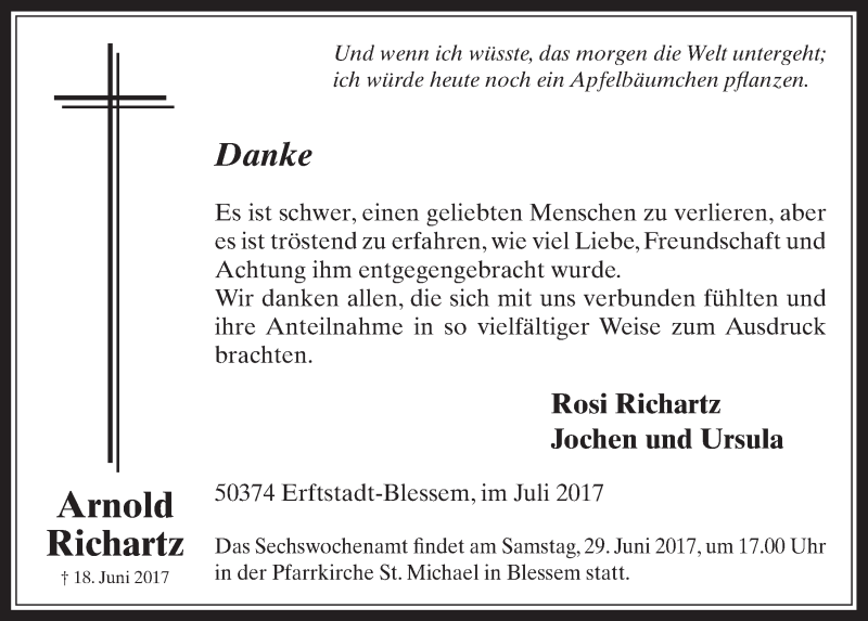  Traueranzeige für Arnold Richartz vom 26.07.2017 aus  Werbepost 