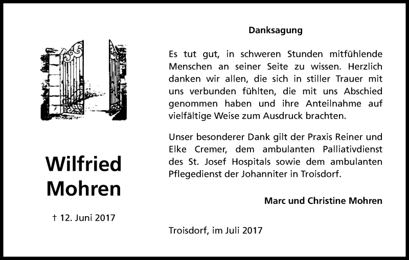  Traueranzeige für Wilfried Mohren vom 15.07.2017 aus Kölner Stadt-Anzeiger / Kölnische Rundschau / Express