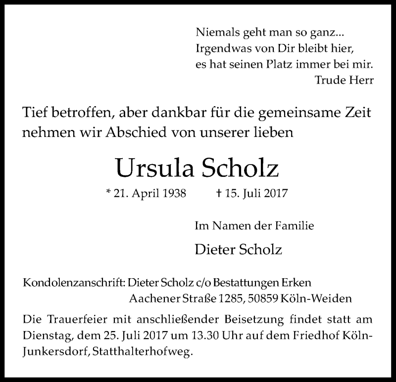  Traueranzeige für Ursula Scholz vom 22.07.2017 aus Kölner Stadt-Anzeiger / Kölnische Rundschau / Express