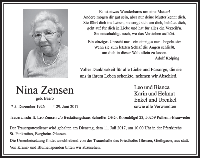  Traueranzeige für Nina Zensen vom 08.07.2017 aus  Sonntags-Post 