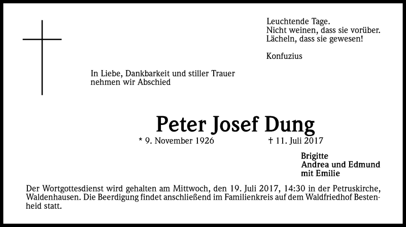  Traueranzeige für Peter Josef Dung vom 17.07.2017 aus Kölner Stadt-Anzeiger / Kölnische Rundschau / Express