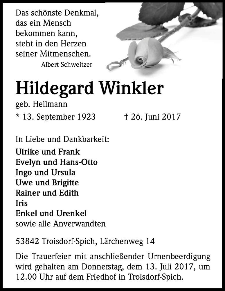  Traueranzeige für Hildegard Winkler vom 11.07.2017 aus Kölner Stadt-Anzeiger / Kölnische Rundschau / Express