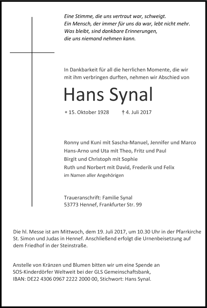  Traueranzeige für Hans Synal vom 15.07.2017 aus Kölner Stadt-Anzeiger / Kölnische Rundschau / Express