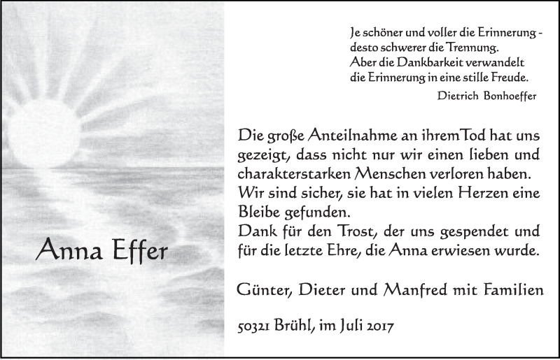  Traueranzeige für Anna Effer vom 19.07.2017 aus  Schlossbote/Werbekurier 