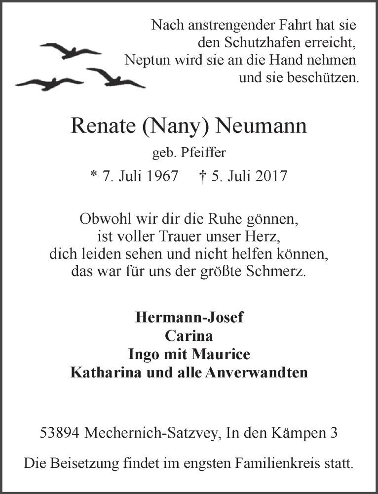  Traueranzeige für Renate Nany Neumann vom 15.07.2017 aus  Blickpunkt Euskirchen 
